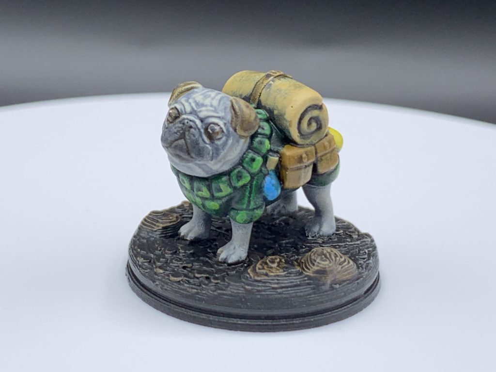 Painted Pack Pug miniature, 3D printed using resin.